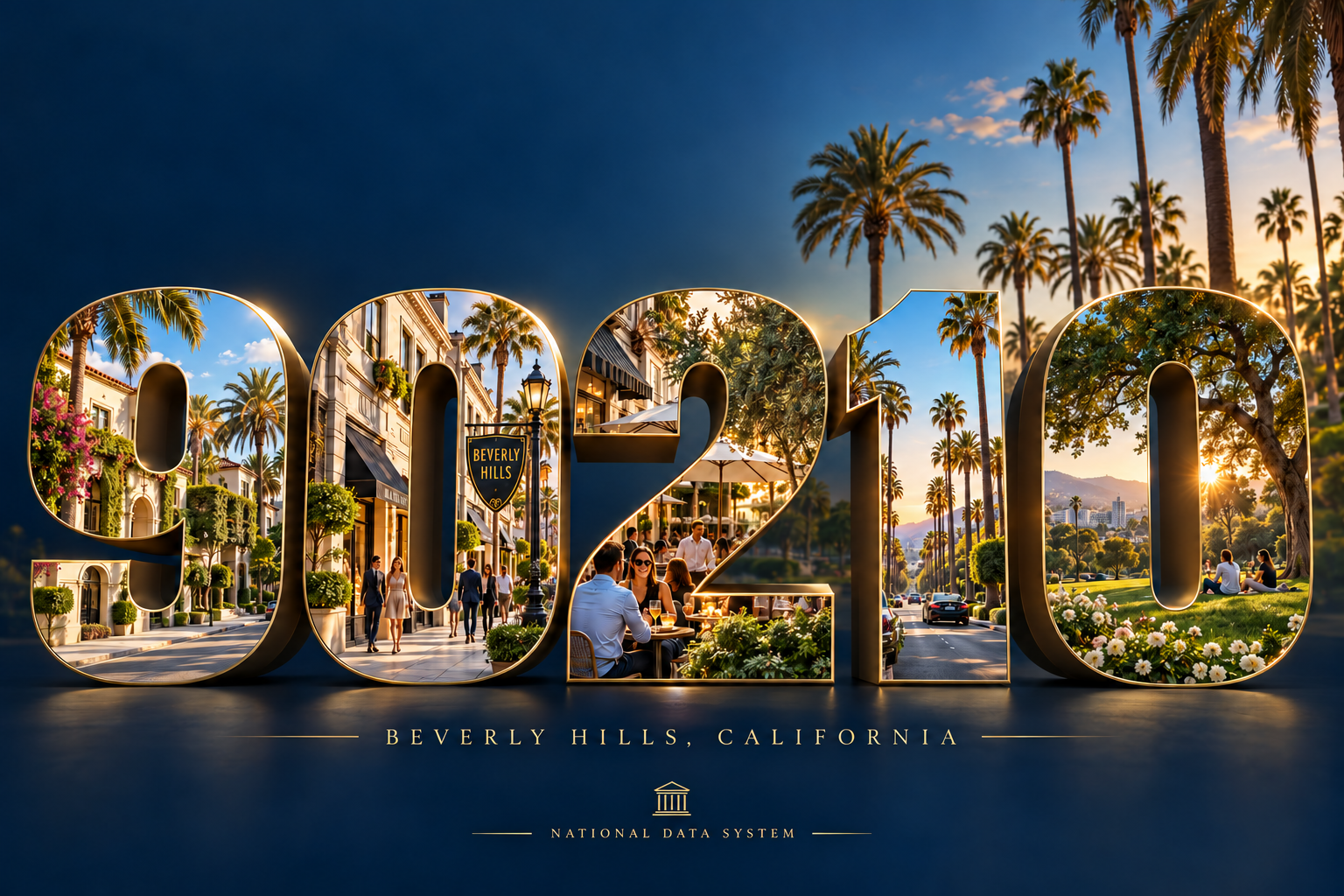 Illustration of golden 90210 numerals filled with Beverly Hills community scenes, beneath a palm-lined sky.