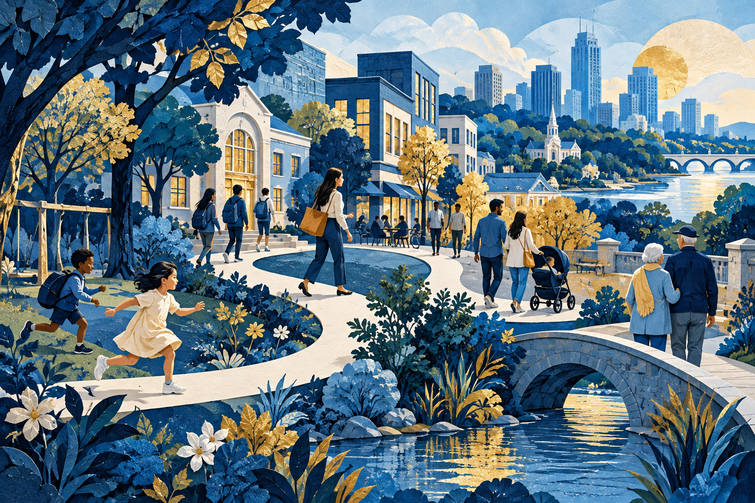 Illustration of a path through community life, from childhood and learning to adulthood and older age.