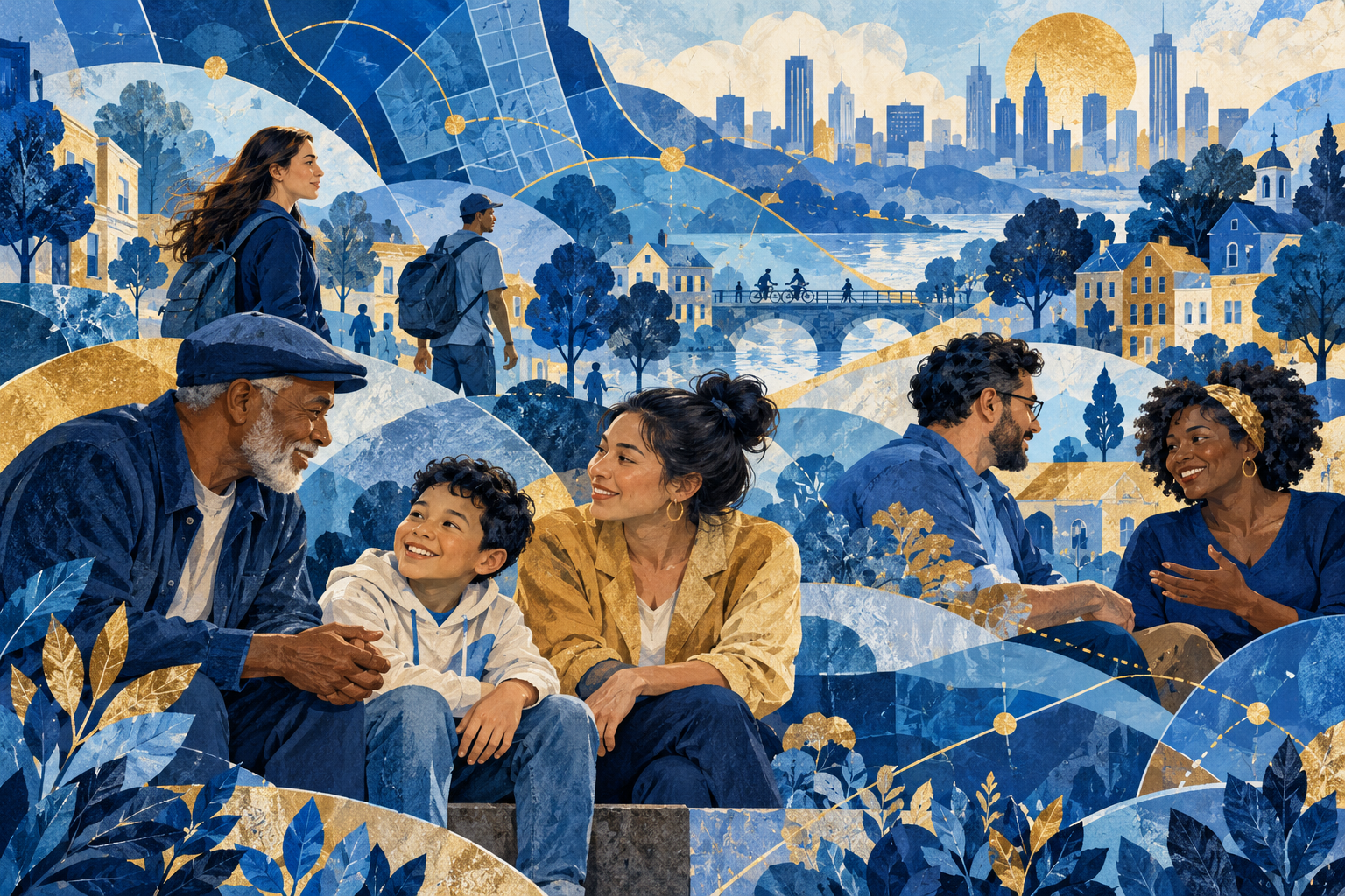 Illustration of people across generations connecting within a layered blue neighborhood landscape.