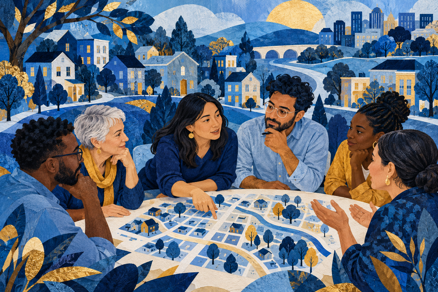 Illustration of neighbors gathering around a map to ask questions and discuss their community.